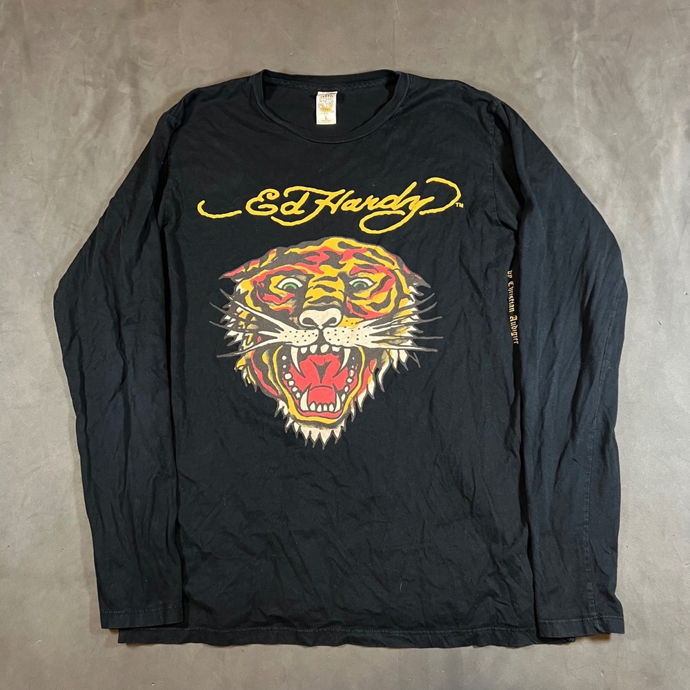 Y2K Ed Hardy Tiger Graphic Long Sleeve T-Shirt Mens L Black Christian Audigier